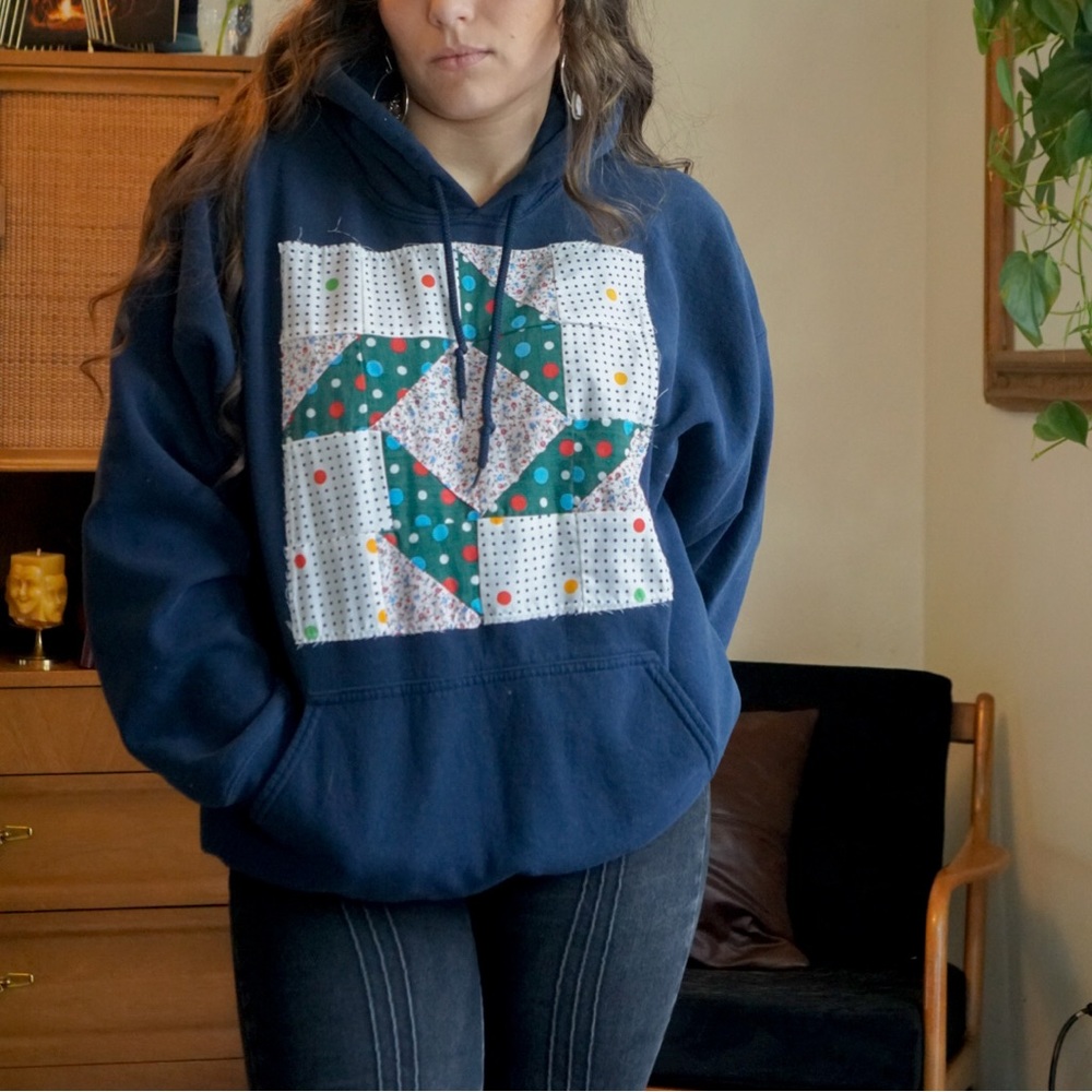 Upcycled Hoodie Sweatshirt with Vintage Quilt square/patch appliqué